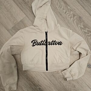 White BUTISATTVA Cropped Hoodie with Black Lettering